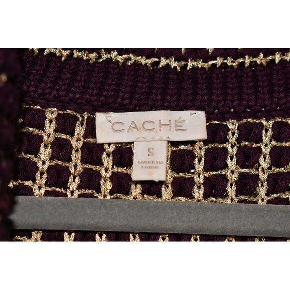 CACHE $130 Purple Gold Sequin Textured Knit Chunky Cowl Neck Sweater Small - Picture 4 of 4